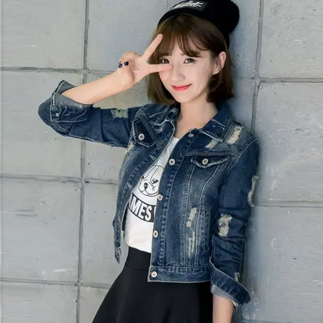牛仔外套女春秋短款修身韩版新款显瘦学生长袖牛仔服上衣破洞大码图片