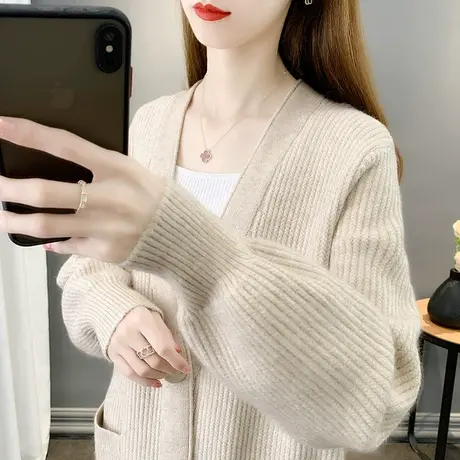 秋季2023新款女装中长款V领宽松外穿慵懒风针织衫女士毛衣长外套商品大图