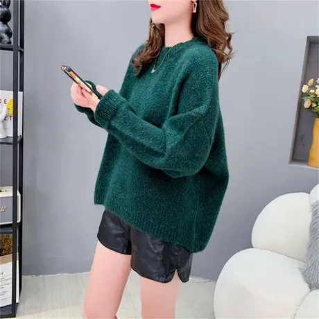 网红粗毛线圆领毛衣女秋冬2023年新款宽松软糯百搭加厚打底针织衫商品大图