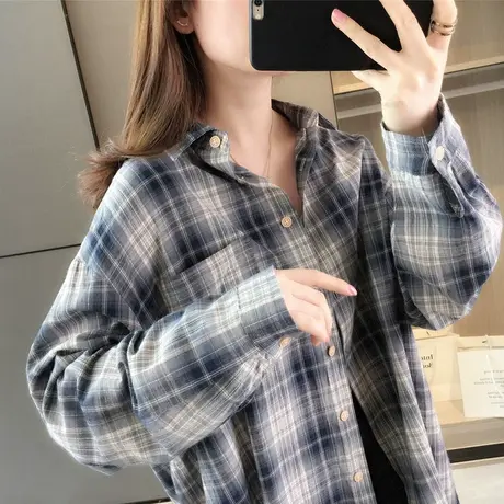 春季格子衬衫女装设计感复古港味春款新款春秋长袖上衣女士衬衣商品大图