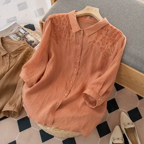 七分袖刺绣苎麻上衣女宽松夏天薄款文艺复古棉麻小衫2022春夏新款商品大图