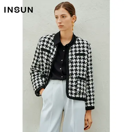 INSUN恩裳线上专选春季千鸟格小香风粗花呢外套商品大图