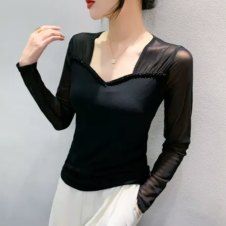 性感网纱拼接打底衫女长袖欧货时尚洋气上衣气质V领钉珠T恤秋装潮商品大图
