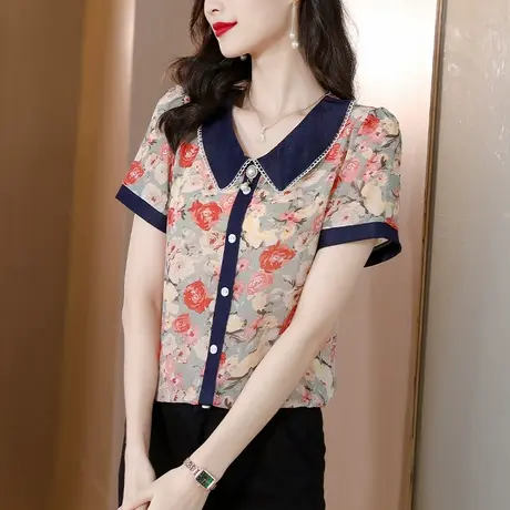 2023夏季新款娃娃领拼接雪纺衫女上衣印花衬衫女复古短袖高端衬衣商品大图