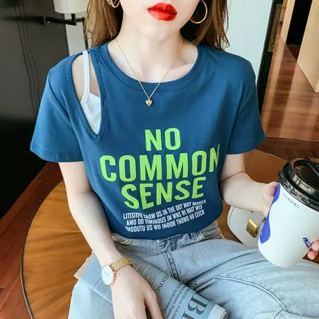 假两件短袖t恤女2023年夏季新款百搭显瘦设计感小众纯棉上衣ins潮商品大图