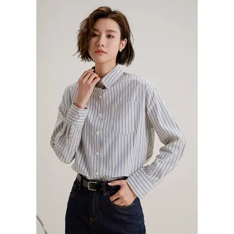 弥古复古条纹衬衫女上衣长袖高级感纯棉日系衬衣宽松显瘦春款女装商品大图