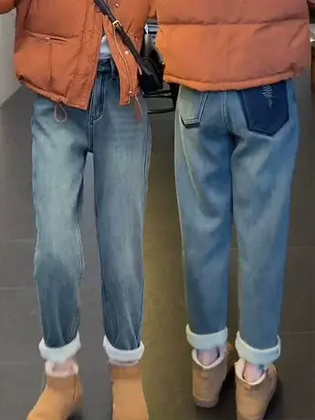 2023新款加绒加厚牛仔裤高腰宽松秋冬显瘦阔腿哈伦裤复古蓝老爹裤图片