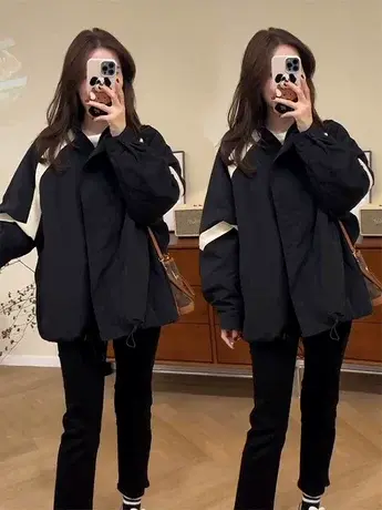 2023秋冬新款黑白撞色冲锋衣外套女小个子加棉抽绳休闲夹棉夹克潮商品大图