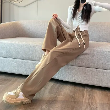 卡其色阔腿裤子女春秋高腰显瘦拼接直筒休闲宽松大码小个子香蕉裤商品大图