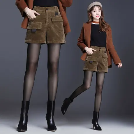 灯芯绒工装裤短裤女2023秋冬季新款高腰宽松a字阔腿外穿条绒裤子商品大图