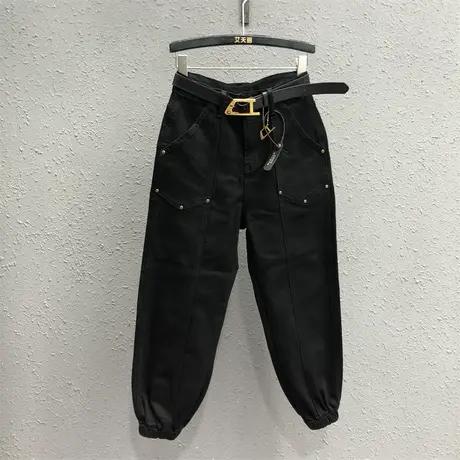 欧货2023秋季新款黑色束脚工装裤女潮个性休闲宽松显瘦牛仔哈伦裤商品大图