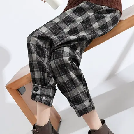 格子毛呢裤女束脚高腰显瘦宽松冬哈伦老爹加厚九分休闲工装萝卜裤商品大图