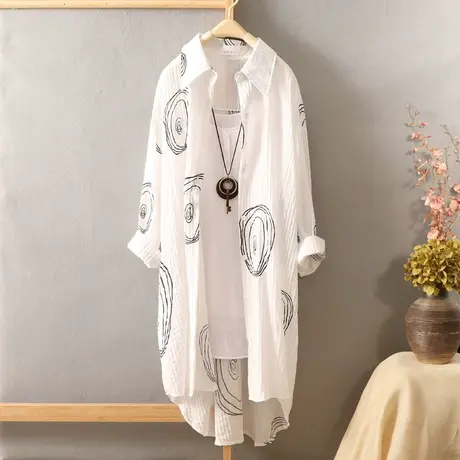 夏季新款韩版宽松中长款白色衬衫女薄款外套开衫防晒衣沙滩防晒衫商品大图