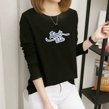 圆领T恤女长袖黑色上衣ins潮2022年秋季新款纯棉体恤学生宽松内搭图片