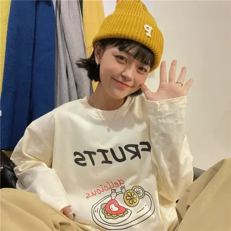 红续原创2023早春新款宽松bf卡通可爱纯棉长袖T恤女上衣打底衫ins图片