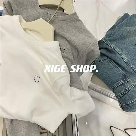 基础纯色磨毛T恤女叠穿卫衣长袖白色打底衫宽松显瘦笑脸刺绣上衣商品大图