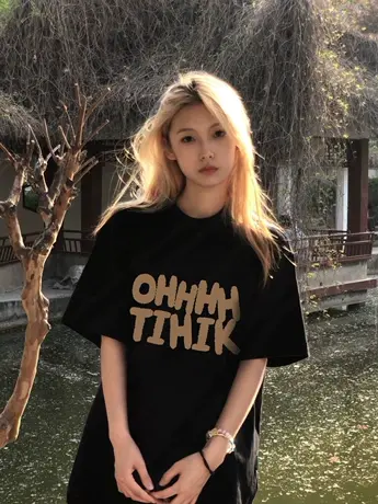 美式高街2023黑色t恤女短袖夏季宽松甜酷设计感别致小众上衣ins潮商品大图