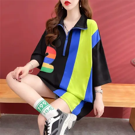 翻领polo衫短袖t恤女夏季韩版宽松中长款设计感小众撞色上衣服潮商品大图