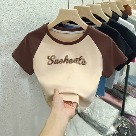 辣妹正肩短袖T恤女夏季修身显瘦打底小衫短款半袖纯棉上衣服潮ins商品大图