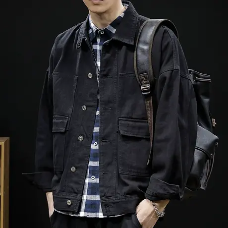 黑色牛仔外套男宽松春秋大码ins潮牌休闲工装夹克春季2024新款图片
