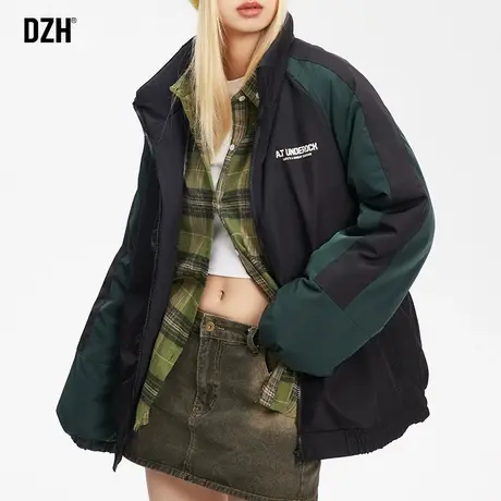 情侣羊羔绒棉服男女美式拼接潮牌棉衣男士2024新款冬装加厚防寒服商品大图