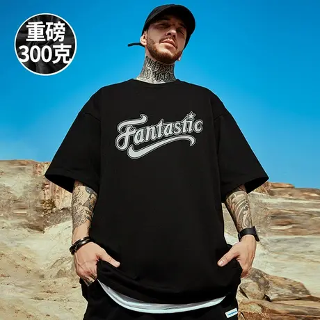 300g重磅美式字母印花短袖t恤街头大码黑色圆领纯棉简约半袖潮流商品大图