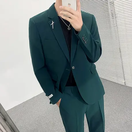 韩国轻熟风复古墨绿色小西装男修身外套休闲西服套装宴会新郎礼服图片