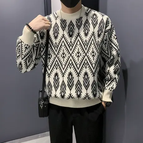 秋冬款毛衣男潮流个性拼色菱格提花针织衫小众设计感轻熟打底线衣图片