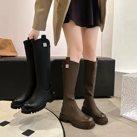 长筒靴女2023新款秋冬加绒女鞋高筒骑士靴厚底粗跟显瘦小个子长靴商品大图