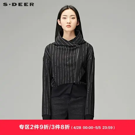 sdeer圣迪奥秋装女装帅气条纹连帽斜襟短款卫衣外套S18182207🎆图片