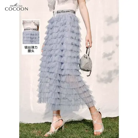 missCOCOON法式蕾丝绣花半身裙女2023夏季新款中长高腰荷叶边长裙图片