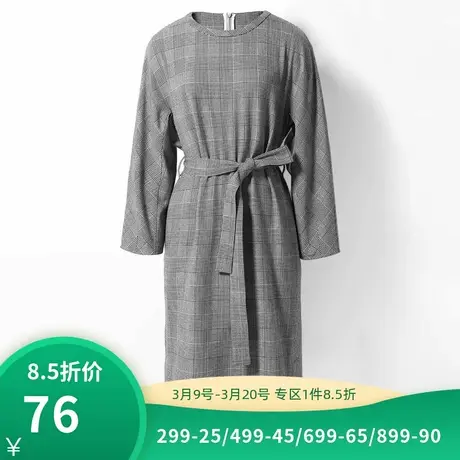 伊芙丽连衣裙春款新款圆领长袖格纹收腰系带中长款1A7990131商品大图