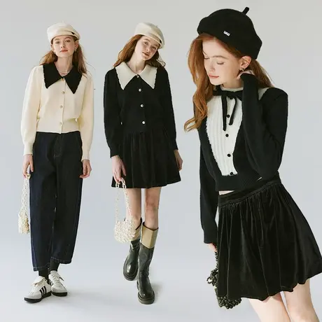 OECE复古娃娃领设计感针织衫半身裙两件套新款女装毛衫高腰短裙子图片