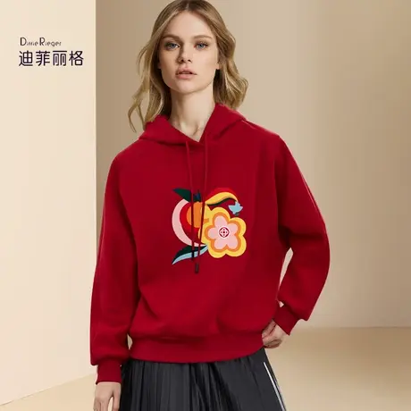 迪菲丽格小众卡通印花连帽卫衣女2024春季新款红色显白宽松上衣潮图片