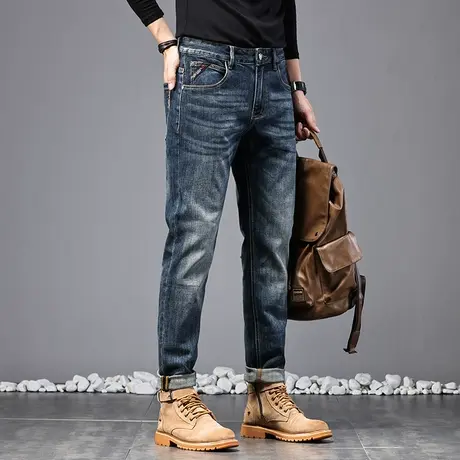 美式高街牛仔裤男士休闲百搭牛仔裤男款修身小脚高档潮流牛仔裤图片