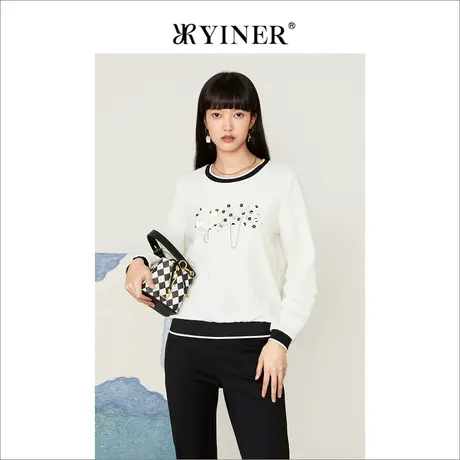 *切Goodland美地女装秋季撞色宽松上衣钉珠贴花卫衣潮牌商品大图