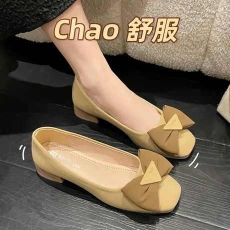 女鞋2024年春季新款方头浅口粗跟鞋子温柔蝴蝶结一脚蹬职业单鞋商品大图