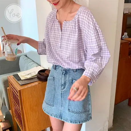 yoe紫色格子衬衫女圆领七分袖春秋韩版百搭文艺上衣小众宽松流行图片