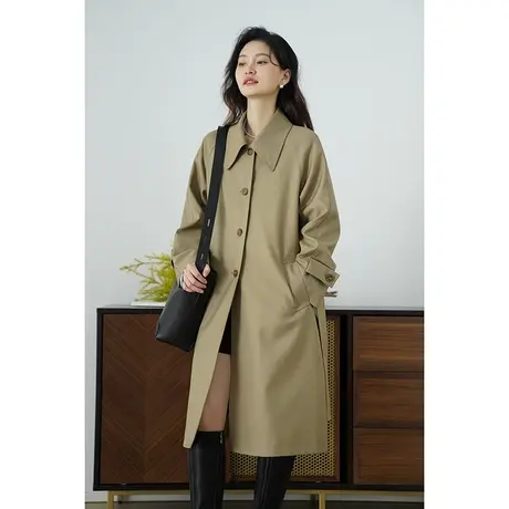 嘉茱莉韩版中长款卡其风衣女2025春季新款上衣单排扣简约休闲外套商品大图