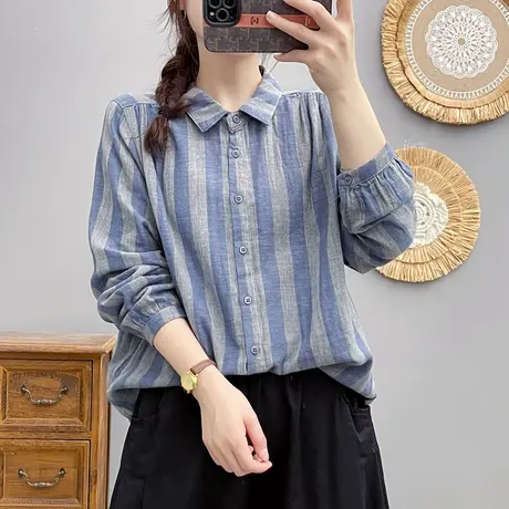 春秋季韩版复古蓝条纹双层纱纯棉长袖衬衫女宽松休闲百搭打底上衣图片