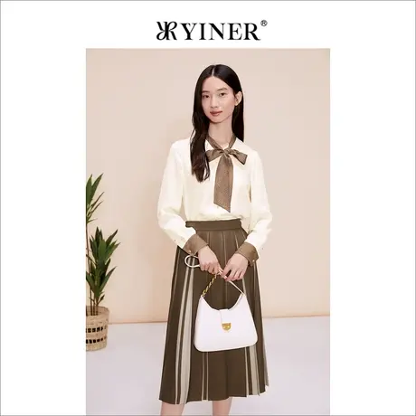 YINER音儿女装2023春季撞色蝴蝶结领提花真丝衬衫上衣商品大图