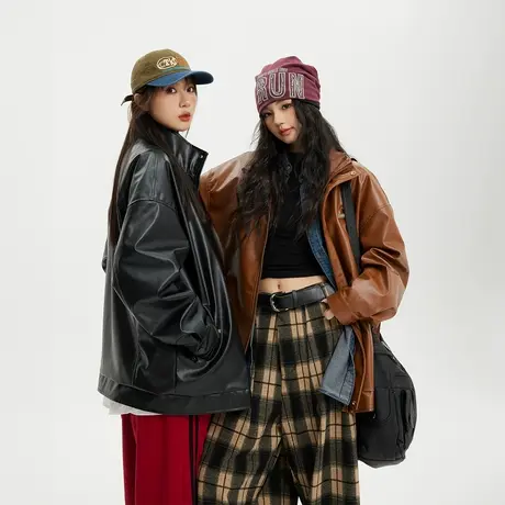 复古潮牌美拉德皮衣外套女春秋2024年新款情侣装宽松PU皮夹克上衣商品大图