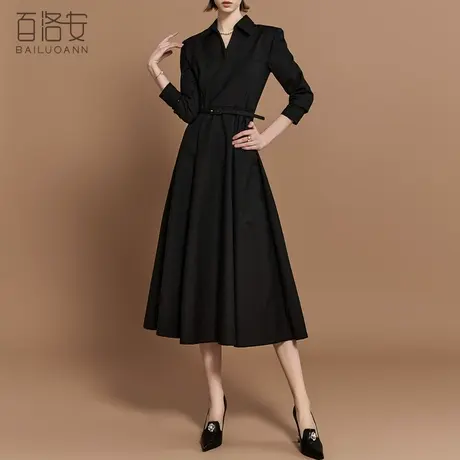 百洛安黑色连衣裙女春装新款时尚系带收腰翻领长袖a字大摆长裙子图片