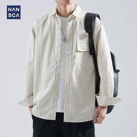 hansca日系复古潮牌条纹衬衫男长袖秋季纯棉宽松休闲百搭翻领外套商品大图