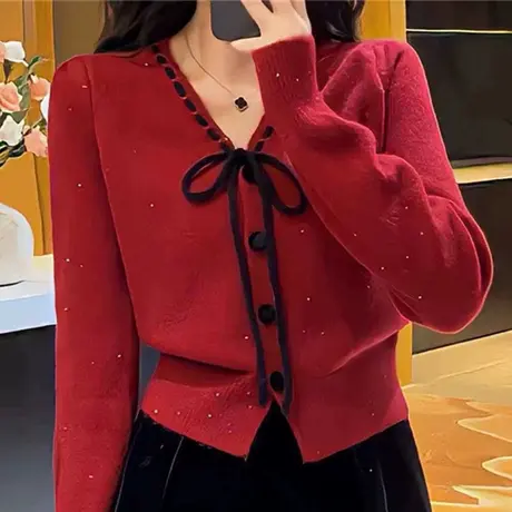 小香风蝴蝶系带毛衣开衫女2024早春季法式气质短款外套外搭上衣女图片