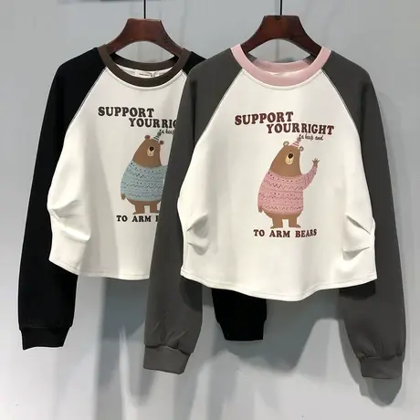 2024春装韩国新款可爱卡通小熊图案宽松小个子短款卫衣女套头上衣图片