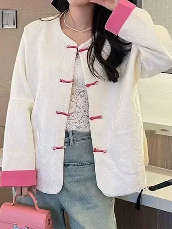 新中式盘扣提花白色短外套女2024年早春新款洋气宽松休闲西装上衣商品大图