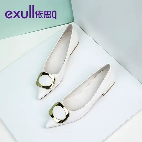 【商场同款】exull羊皮白色高跟鞋粗跟尖头职业配正装的鞋女单鞋图片
