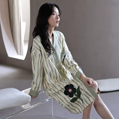 婷美睡裙女士睡衣春秋季纯棉长袖开衫V领高颜值连衣裙女款家居服图片