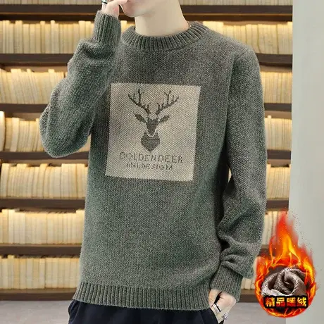 秋冬季男士圆领毛衣2023新款加绒加厚青少年潮流学生保暖针织线衫商品大图